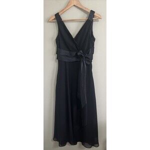 EVAN-PICCONE Women's Size 6 Black Faux Wrap Mid Calf Length Dress